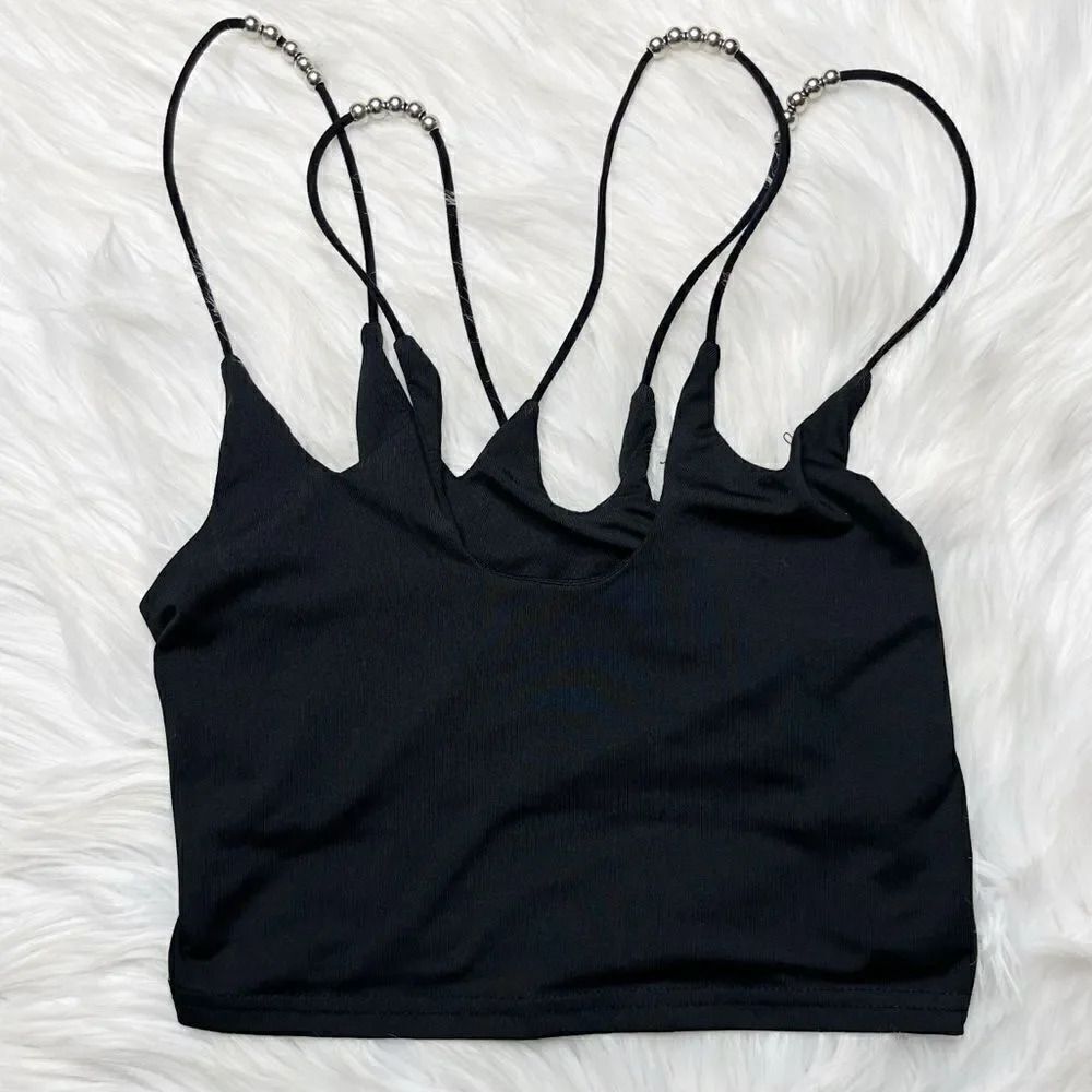 SHEIN Double Strap Beaded Crop Top Black and Silver Size XS
